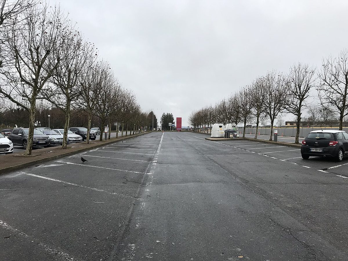 Allée de stationnement bordée d’arbres sur une aire de repos